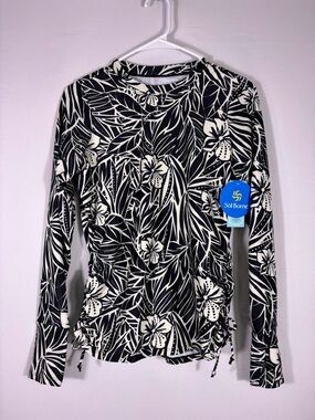 NWT Solbari Black White Floral Rash Guard Swim Top UPF 50+ Long Sleeve Medium
